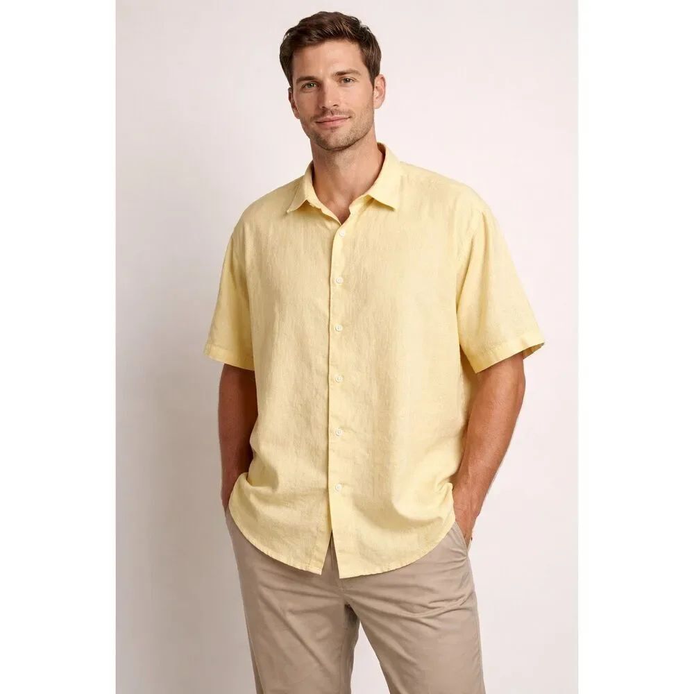 Structure 100% Linen Yellow Short Sleeve Button Up Shirt XXL